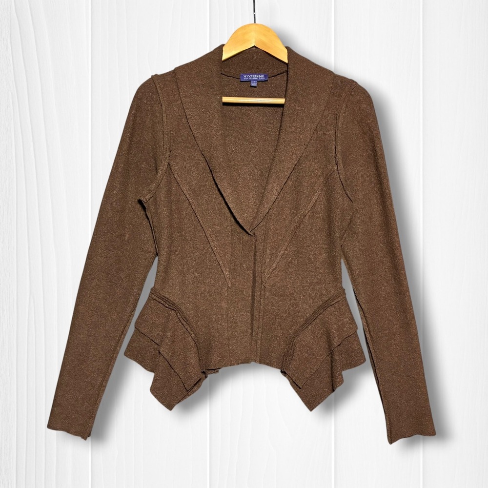 EUC Vivienne Tam Wool Blend Crop Ruffle Snap Front Jacket‎ Womens 4 Brown